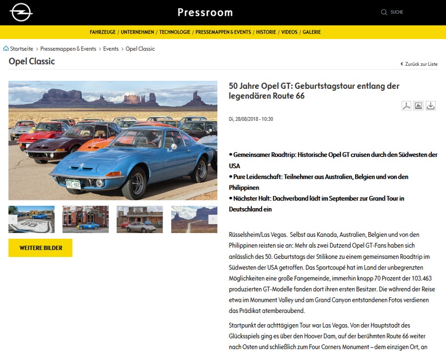 Pressroom Opel 50 Jahre GT Route 66